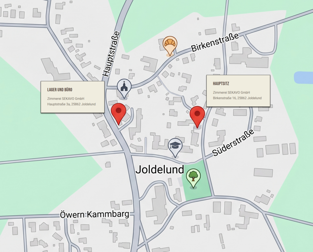 Zimmerei SEKAVO GmbH - Hauptsitz: Birkenstraße 16 - Lager und Büro: Hauptstraße 3a in 25862 Joldelund